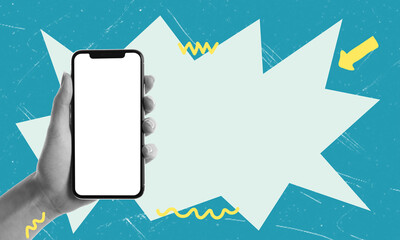 Modern art collage featuring a white screen phone with a large message bubble.
