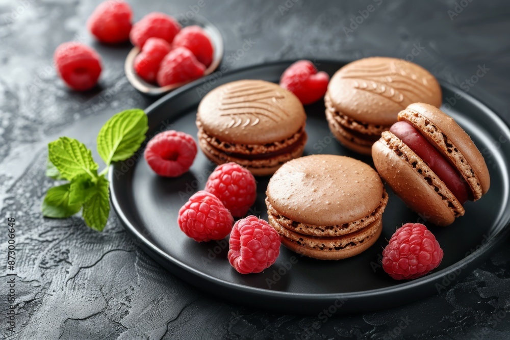 Wall mural Chocolate Macarons with Fresh Raspberries