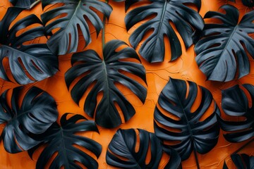 Monstera Leaves on Orange Background