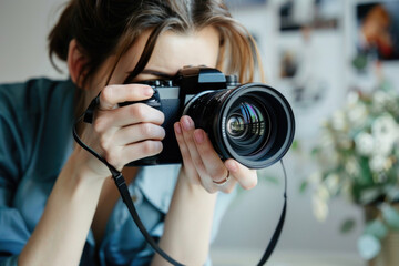 Happy Woman Holding Camera Taking Photo . ai generated
