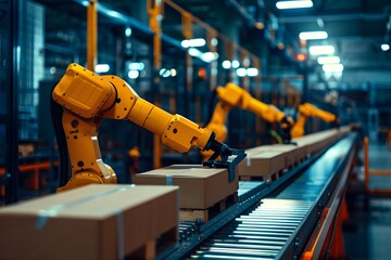 Fototapeta premium Automated Factory, Robots on a Conveyor Belt