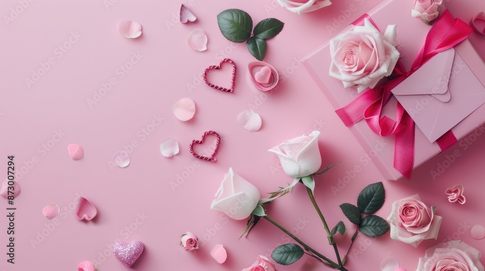 Canvas Prints Valentine s Day theme with pink roses heart shaped gift box and love letter on pink backdrop