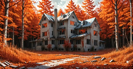 abandoned house building in city in autumn fall. mansion with forest woods trees with orange red leaves empty old post apocalyptic town suburb.