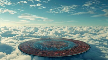 Floating intricate carpet above the clouds in a serene sky