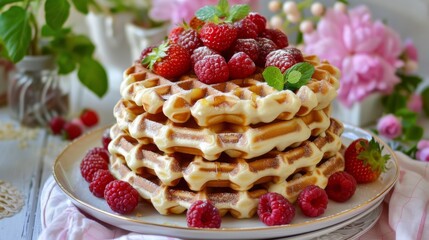 Stack of waffles with fresh raspberries and mint leaves on a white plate, bright and colorful presentation, breakfast and brunch concept