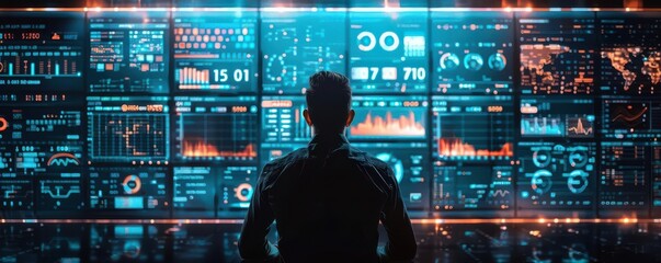 Automated data management, businessman generating reports, KPIs and indicators, intelligent AI technology