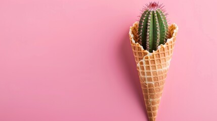 Cactus in ice cream cone on pink background, creative and surreal composition, abstract nature concept