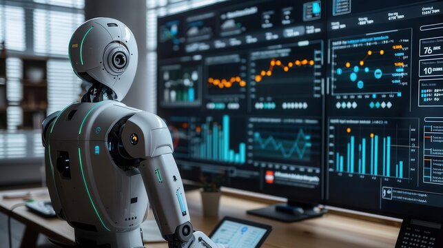 Automated data management, businessman creating KPI reports, database connection, intelligent AI robot technology, data analysis, Watercolor style