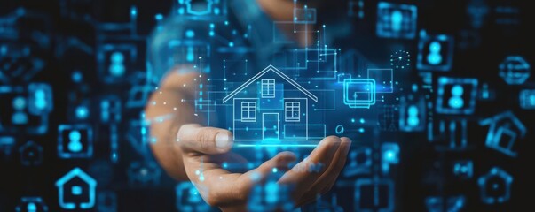 Mortgage loan analysis, man touching virtual house icon, real estate investment, digital tech interface