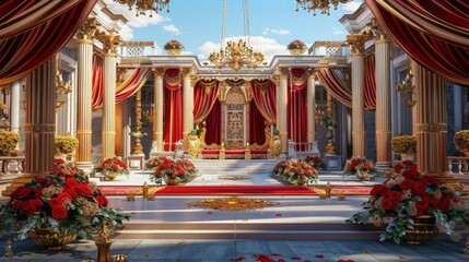 Fototapeta premium An opulent wedding stage set in a royal palace courtyard, adorned with red and gold roses, luxurious velvet drapes.