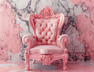 ink throne chair, pink rococo style background, hyper-realistic design