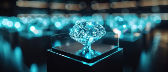 A conceptual marketing event features holographic displays of precious jewels that emit ethereal light