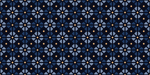 Elegant checkered pattern square shapes motif continuous classic blue background. Modern decoration ditsy floral fabric design textile swatch ladies dress, men's shirt all over print block.