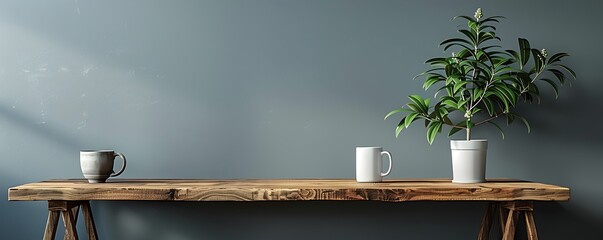 Minimalist grey wall with a wooden desk, coffee mug, and indoor plant, ideal for serene workspace presentations.