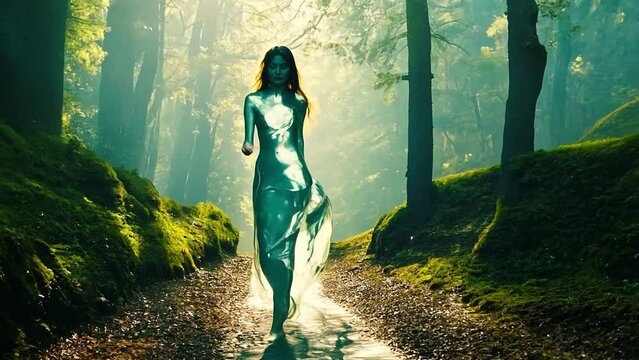 A Woman made of liquid water moving along a footpath in a forest with sunbeams and deep shadows.