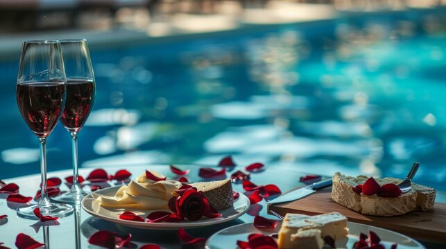 Romantic Evening by the Poolside With Wine, Cheese, and Roses. Generative AI