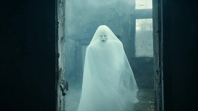 A ghostly figure of light moves slowly and spooky out of a mirror in an old lost place building.
