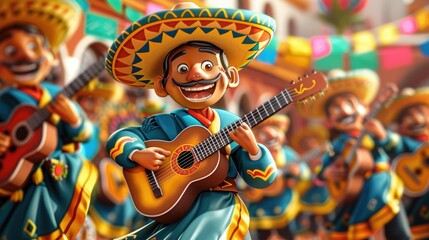 Animated Mariachi Band Celebrating with Guitars and Festive Costumes in a Lively Mexican Street Festival