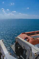 Breathtaking panoramic ocean views from outdoor deck of legendary ocean liner cruiseship cruise...