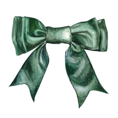Watercolor green realistic hand-drawn bow isolated on white. 