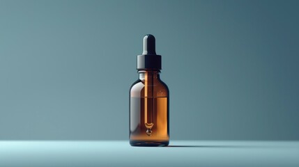 A Single Amber Dropper Bottle Against a Pale Blue Background. Generative AI