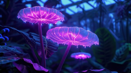 A futuristic botanical garden features macro views of fantastical flowers