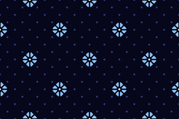 Cute small white flowers pattern square shapes motif continuous classic blue background. Modern decoration ditsy floral fabric design textile swatch ladies dress, men's shirt all over print block.
