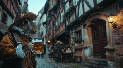 Rabbit in historical attire enjoying beer by tavern in ancient european city s street