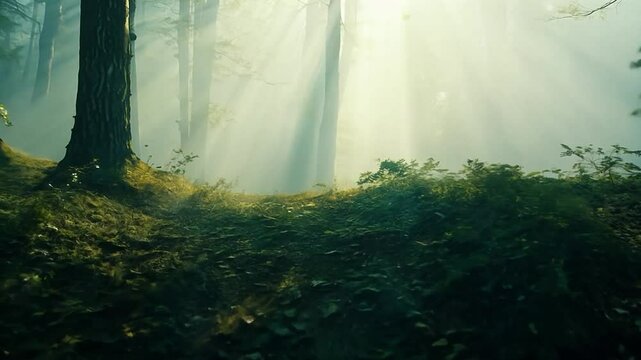 Low angle moving lowly across a forest floor while the sun's rays shine through the treetops in the fog.