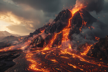 Cataclysmic volcanic eruptions releasing magma, ash, and gases, dramatically reshaping landscapes and impacting global climate.