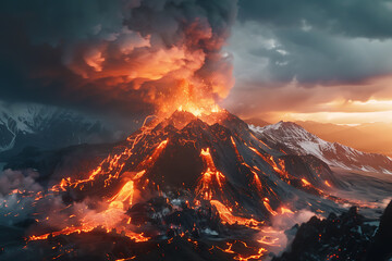 Cataclysmic volcanic eruptions releasing magma, ash, and gases, dramatically reshaping landscapes and impacting global climate.