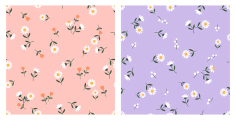 Seamless pattern with daisy flower, tulip and lily of the valley on pink and purple backgrounds vector. Cute floral print.