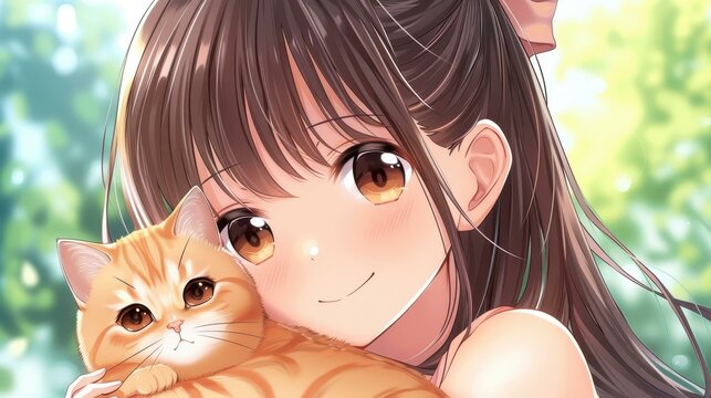 Adorable anime girl holding a smiling cat, charming and cute illustration in manga style.