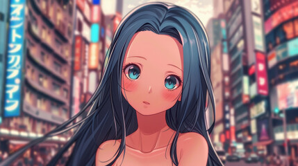 Naklejka premium Vibrant mangaanime illustration of a beautiful girl in a bustling city street among skyscrapers.