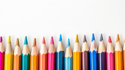 background made of colorful wooden pencils on white background, back to school banner concept