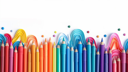 background made of colorful wooden pencils on white background, back to school banner concept