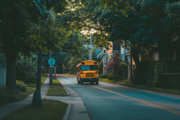 Obraz premium A yellow school bus rides along a city street on a sunny day, back to school