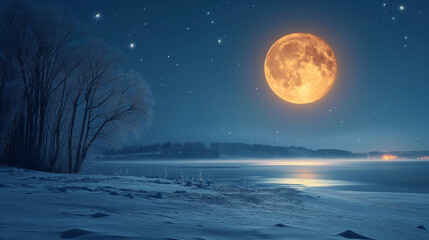 Fototapeta premium full moon on a clear snowy night.
