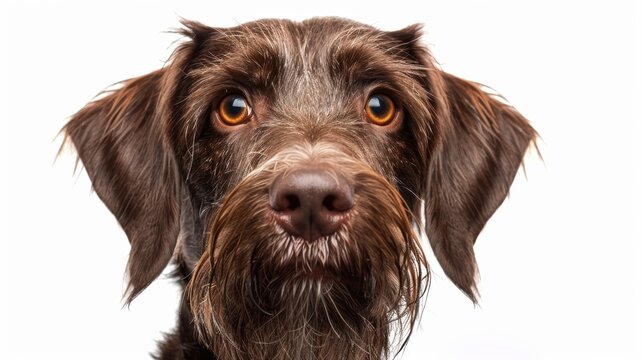 Playful Wirehaired Pointing Griffon Making Mischief on White Background