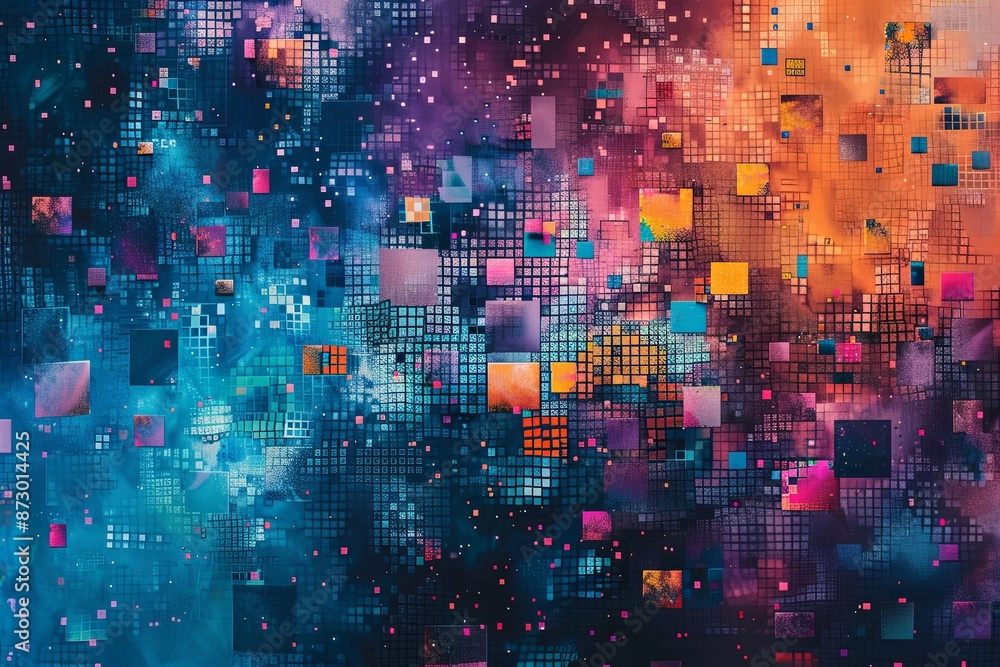 Poster an abstract image featuring a pattern of colorful, pixelated squares against a dark background. gene
