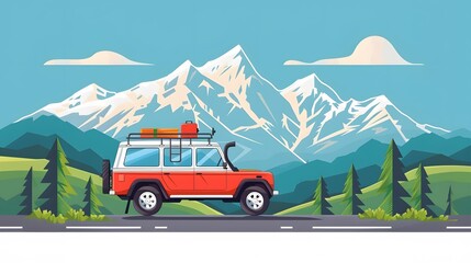 car for traveling with a pine forest and mountain views, generative Ai