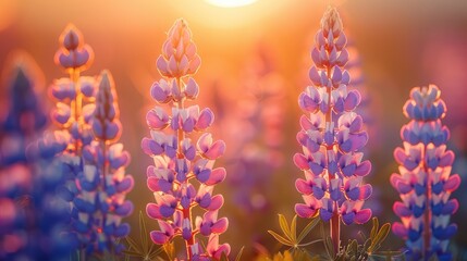 Magical atmosphere and soft light close up photo of beautiful lupine flowers with nature concept background backdrop for your wedding, invitation, poster, banner project design