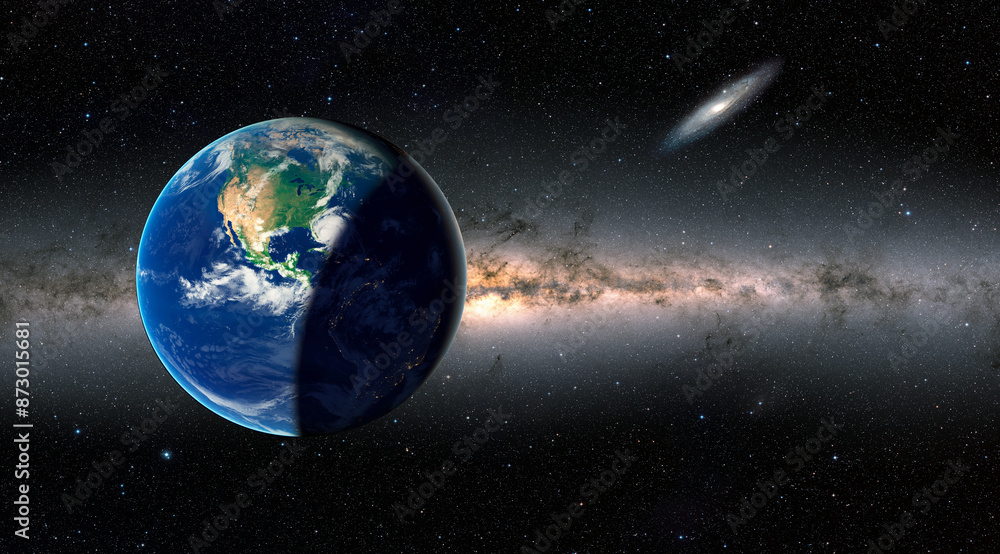 Poster planet earth with a spectacular sunset , milky way and andromeda galaxy in the background 