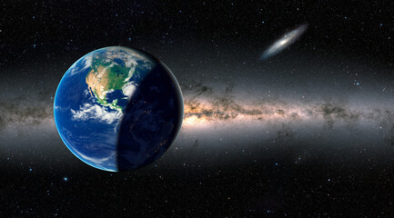 Planet Earth with a spectacular sunset , Milky Way and Andromeda galaxy in the background 