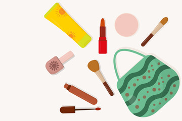 Make up collections outside the bag. Flat design cartoon. Lipstik, brush, lipcream, sunscreen. 