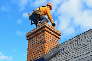 Worker Inspecting Brick Chimney On A Roof Against Blue Sky