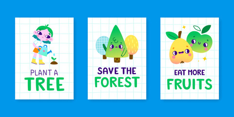 Eco poster set with cartoon characters. Vector environmental banner collection for kids.
