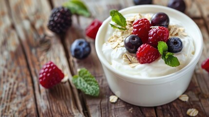 Nutritious morning meal yogurt berries and oats on wooden table