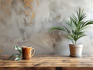 Minimal workspace setup with a wooden desk, coffee mug, and indoor plant, against a grey wall background.