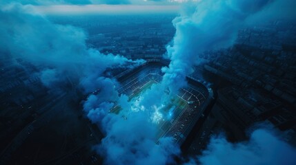 Aerial view of a soccer stadium during a match at night with fireworks and smoke in the air